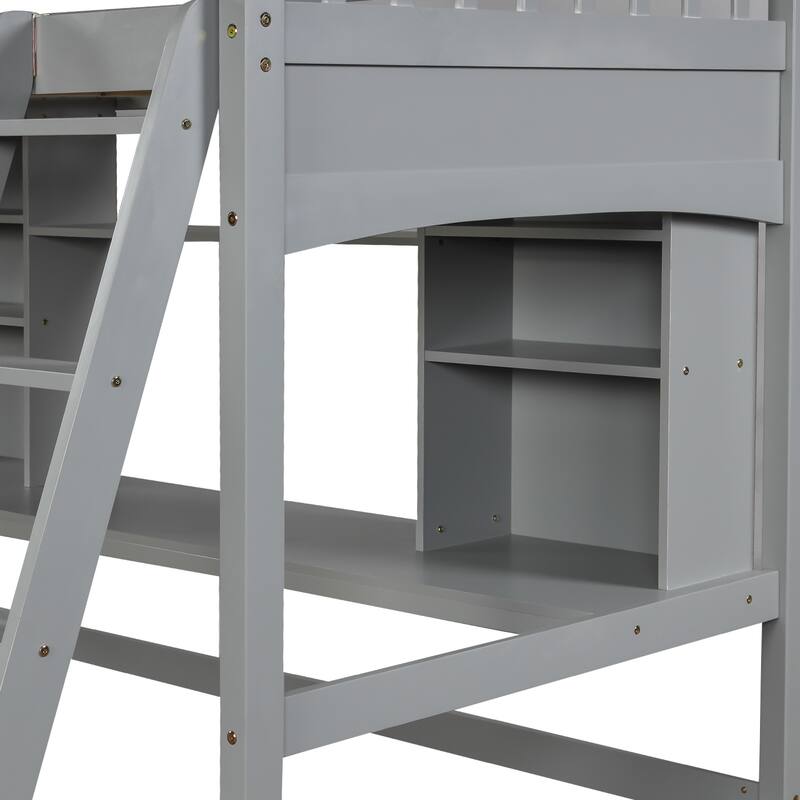 Twin Loft Bed with Desk and Shelves, Space-Saving Design, Solid Wood Frame