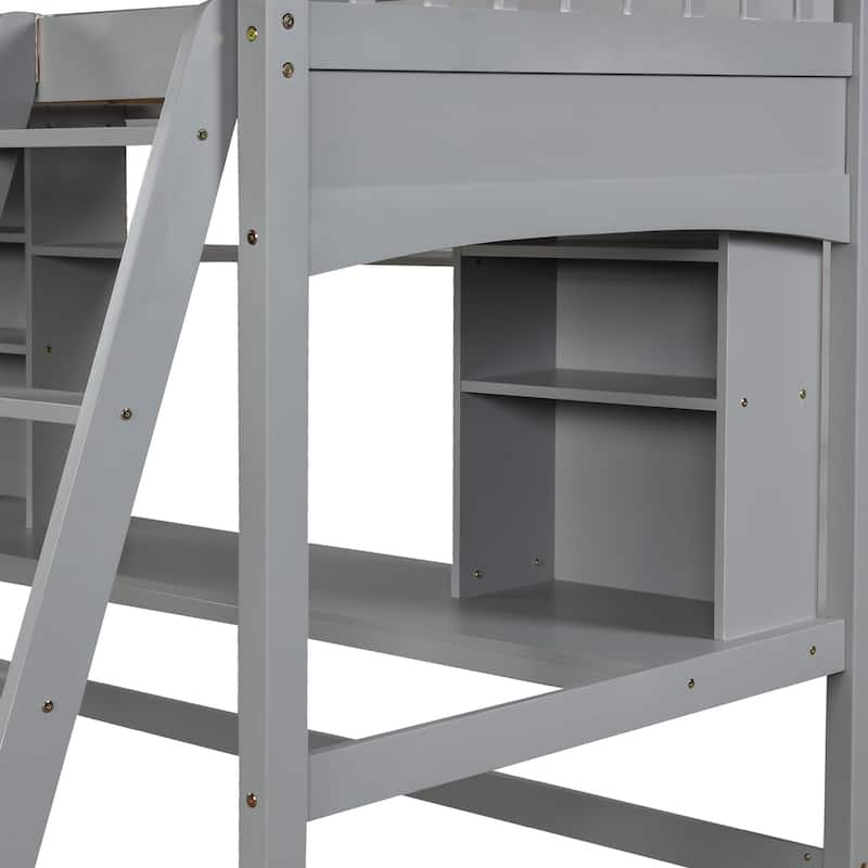 Twin size Loft Bed with Storage Shelves, Desk and Ladder, Gray