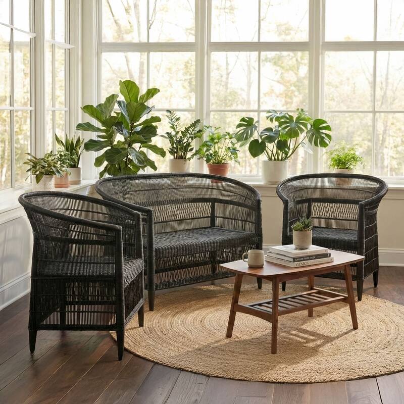 100% Handwoven Natural Rattan 3-Piece Indoor Seating Set with 2 Chairs and Loveseat, Solid Wood Frame, Boho Farmhouse - Black