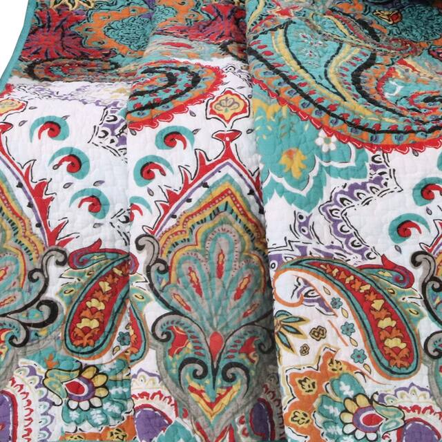 2 Piece Twin Size Cotton Quilt Set with Paisley Print, Teal Blue