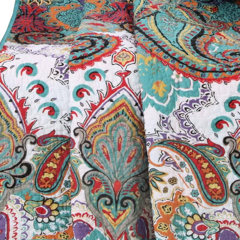 3 Piece Queen Size Cotton Quilt Set with Paisley Print, Teal Blue