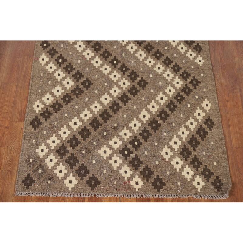 Brown Geometric Kilim Oriental Area Rug Flatweave Wool Carpet - 3'5"x 4'11"
