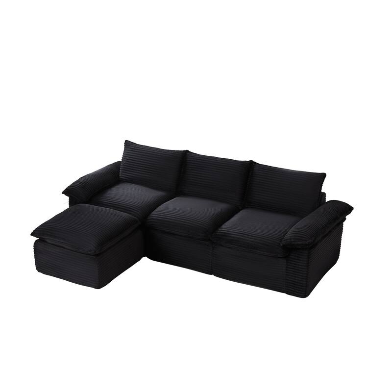 L Shaped Sectional Sofa with Ottoman, Oversized Corduroy Upholstered Cloud Sofa, High-Density Sponge 4 Seater Sofa