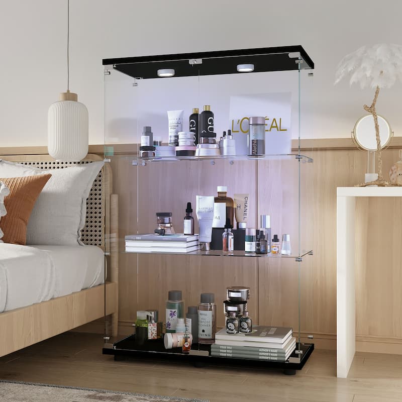 Glass Display Cabinet,Wine Cabinet,Storage Cabinet,File Cabinet,With Battery-Powered Paipai Light,Adjustable Floor Feet - Black