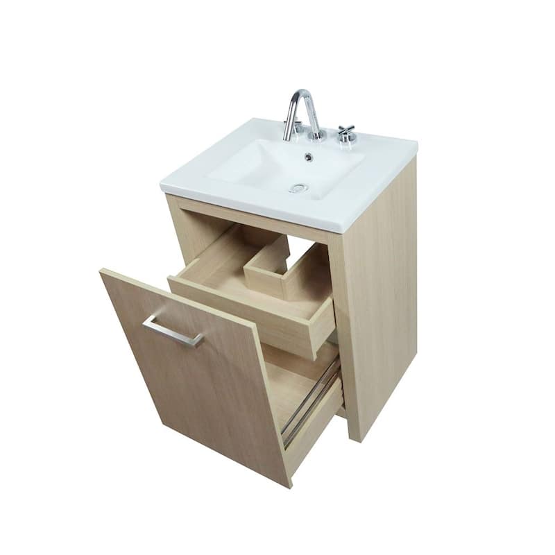 24" Single Sink Vanity In Neutral Finish With White Ceramic Top