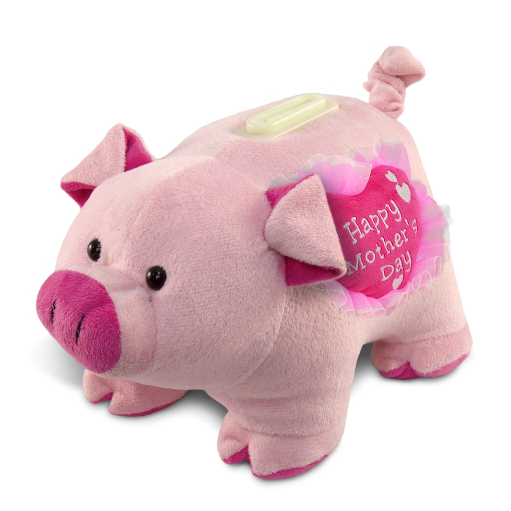 DolliBu Happy Mother’s Day Super Soft Pig Plush Bank with Pink Heart - 9 inches