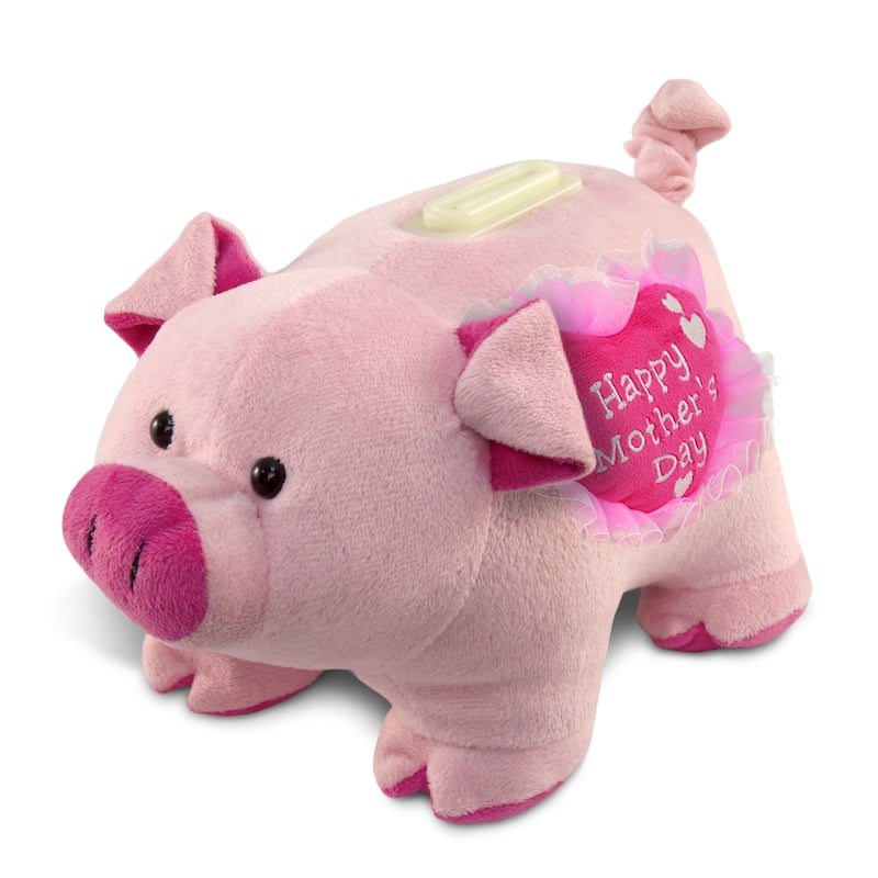DolliBu Happy Mother’s Day Super Soft Pig Plush Bank with Pink Heart - 9 inches