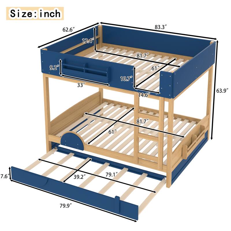 Roomfitters Car Shaped Bunk Bed with Trundle and Bookshelf, Solid Wood Auto Frame