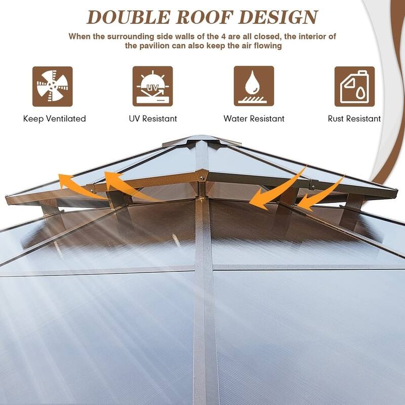 Outdoor Hardtop Gazebo for patio,Polyester Double Roof Canopy, Permanent Pavilion with Aluminum Frame,Curtains & Netting
