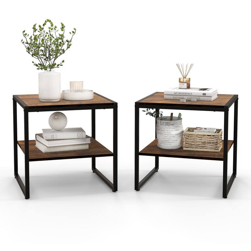 2 Pieces 2-Tier 20 Inch Square End Side Table for Living Room Bedroom-Rustic Brown - 20" x 20" x 20"