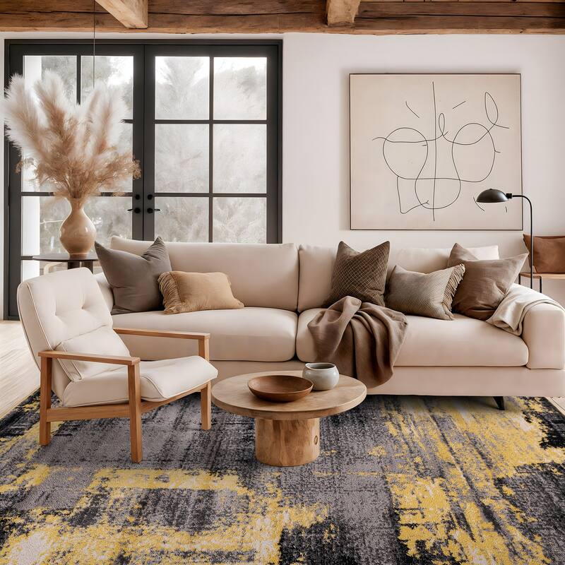 World Rug Gallery Modern Abstract Design Black Area Rug - 5' x 7' - Yellow - Rectangle