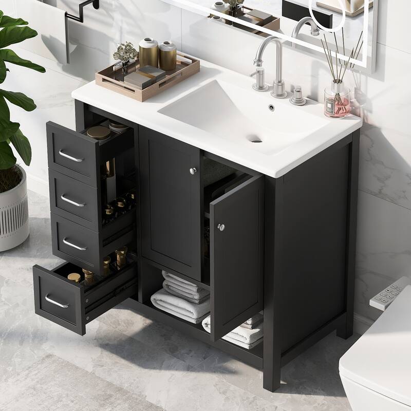 Freestanding Storage Cabinet Bathroom Vanity with Drop-In Sink, Ceramic Top, 2 Doors, 2 Drawers and Open Shelf