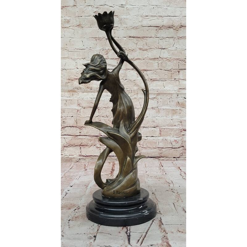 Art Nouveau Bronze Candle Holder Sculpture – Elegant Woman With Flowing Dress On Marble Base