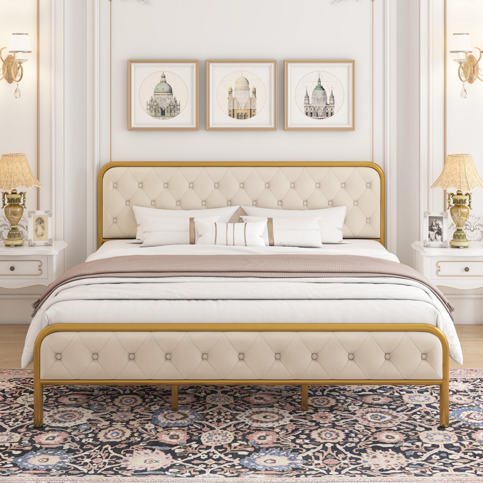 King Size Upholstered Bed Frame with Velvet Tufted Headboard Gold Metal Frame No Box Spring Needed Bed Bath Beyond 42151891