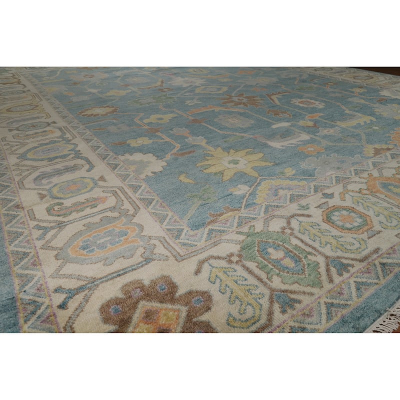 Floral Blue Oushak Indian Large Rug Handmade Wool Carpet - 11'10" x 14'9" - 11'10" x 14'9" - Blue