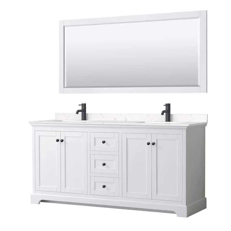 Avery 72 Inch Double Vanity, Cultured Marble Top, 70 Inch Mirror - White, Black Trim, Carrara Cultured Marble Top
