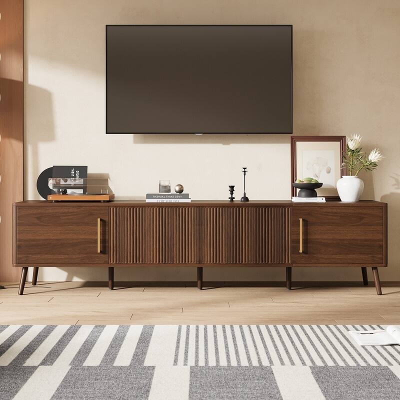 Modern Fluted 78" TV Stand for TVs up to 85", Entertainment Center TV Media Console Table with Storage Cabinets - Walnut