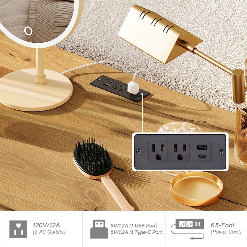 58" Wooden Vanity Desk with 4 Deep Storage Drawers and Charging Station for Bedroom