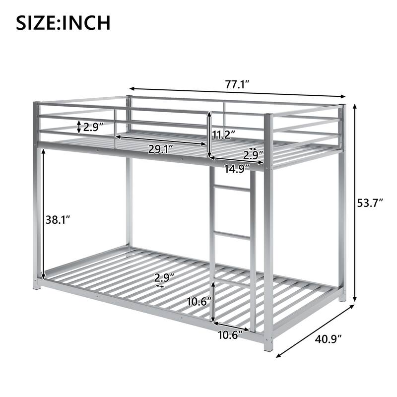 Modern Full Size Low Bunk Bed, Sturdy Metal Frame with Ladder - Silver