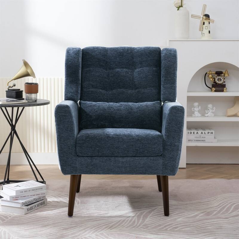 Modern Chenille Upholstered Armchair with Pillow and Solid Wood Leg - Dark Blue