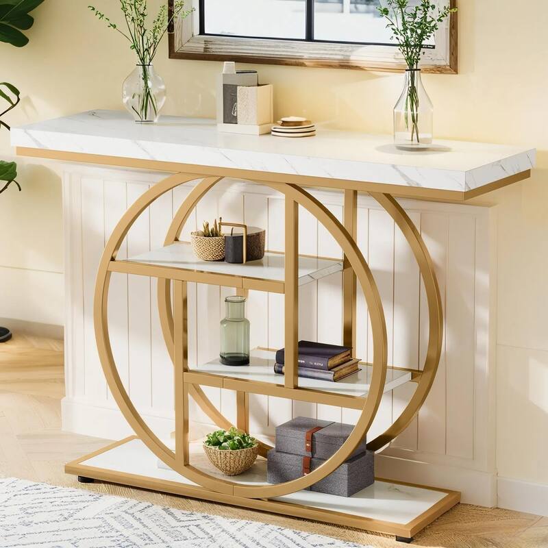 41.3" Industrial Console Table White & Gold Finish