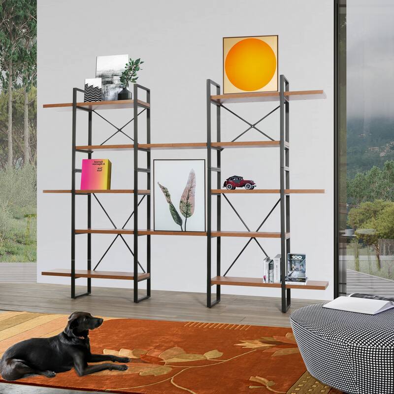Dilla Adjustable JD Walnut Wood and Metal Display and Steel Etagere Bookcase - 94.48'' x 71.06'' x 12.52'' - 94.48'' x 71.06'' x 12.52'' - Antique Walnut