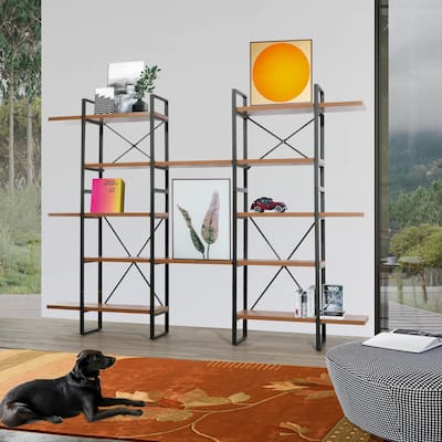 Dilla Adjustable JD Walnut Wood and Metal Display and Steel Etagere Bookcase - 94.48'' x 71.06'' x 12.52''