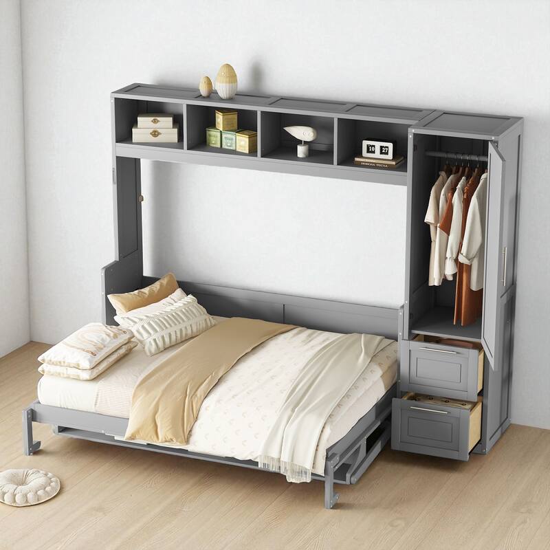 Queen Size Murphy Wall Bed with Closet and Drawers, Space Saving Foldable Bed with Storage Cabinet and Wardrobe