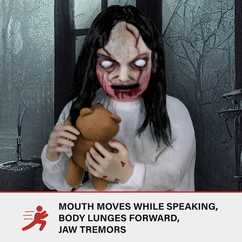 Haunted Hill Farm Lunging Lily the Demonic Zombie Girl by Tekky, Premium Talking Halloween Animatronic, Plug-In or Battery