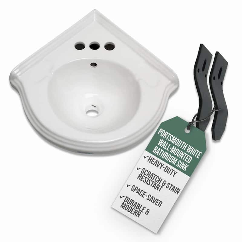 Portsmouth White Ceramic Corner Wall Mount Bathroom Sink with Overflow, Bracket and Backsplash