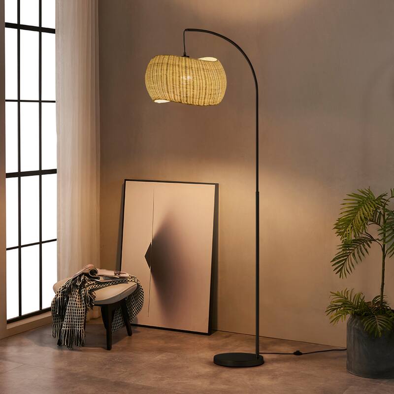 Brightech Wave 81 in. Mid-Century Modern LED Super Bright Floor Lamp with Beige Bamboo Drum Shade