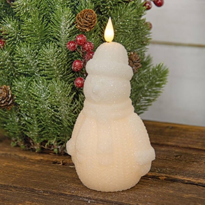 Sparkling Snowman Wax LED Timer Candle Christmas Table Decor - 7.5" H x 4" W x 3" D
