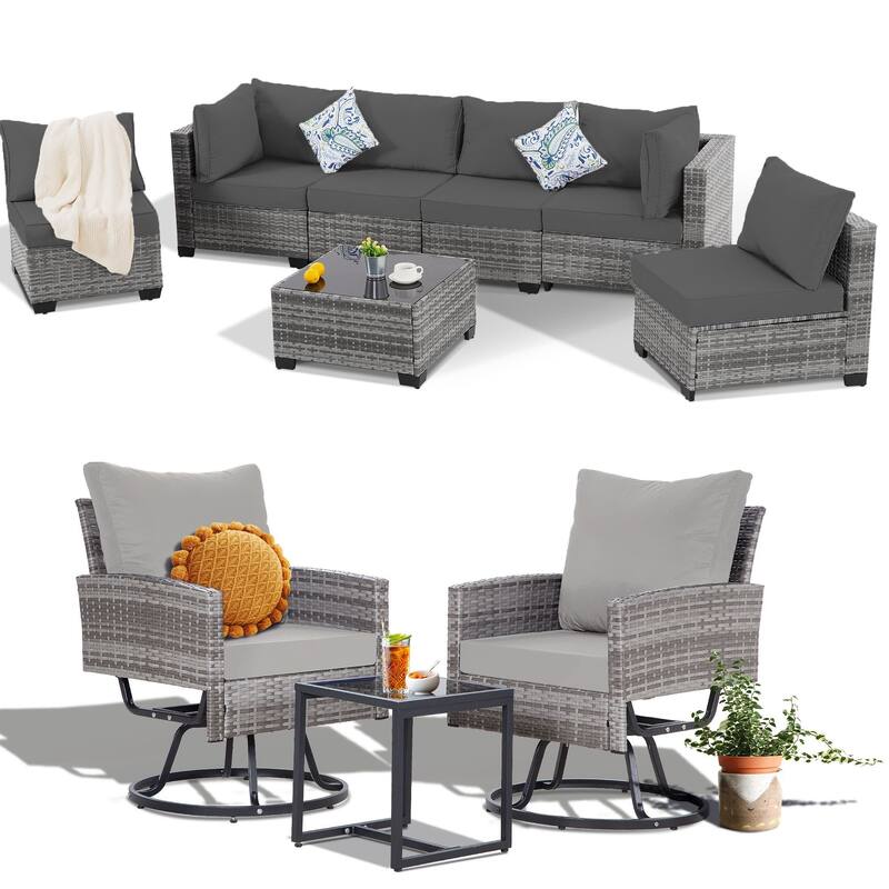 10-Piece Gray Wicker Patio Conversation Set,6 Sofas, 2 Swivel Chairs,2 Table