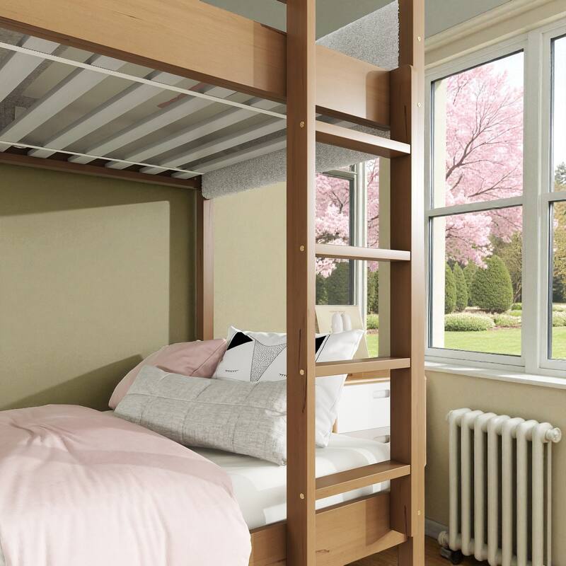Modern Twin Over Twin Wooden Bunk Bed with Teddy Fleece Upholstery, Safety Guardrails, Ladder, and Underbed Storage Space