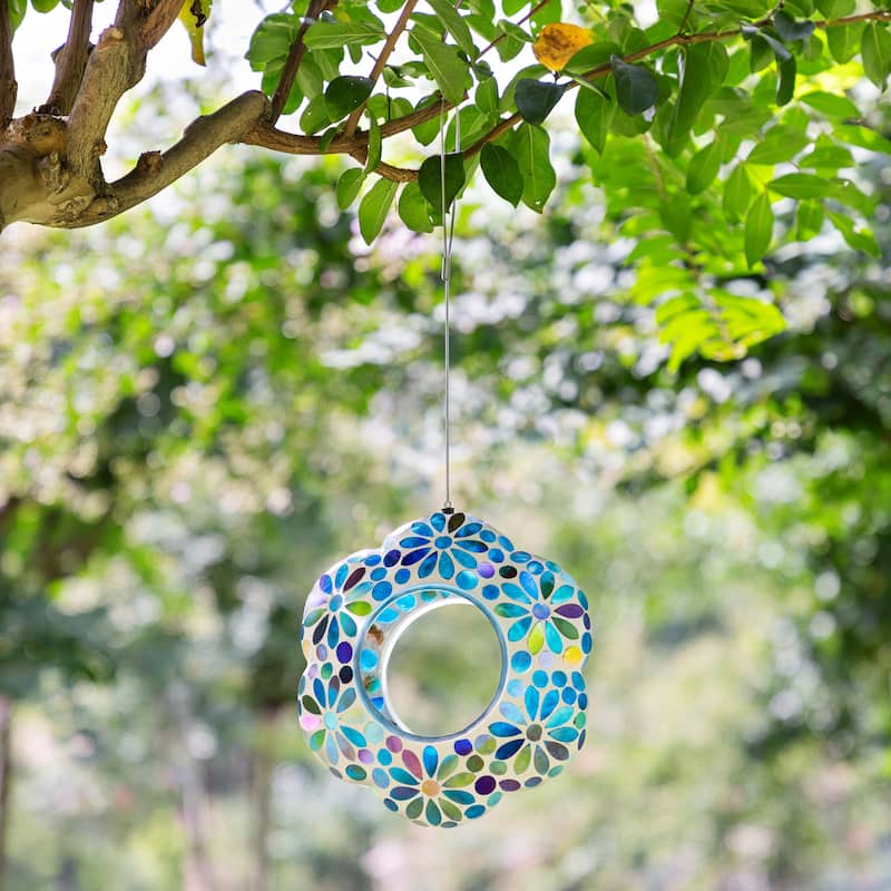 Glitzhome 8.5"D Glass Flower Shaped Hanging Multi-Color Mosaic Birdfeeder