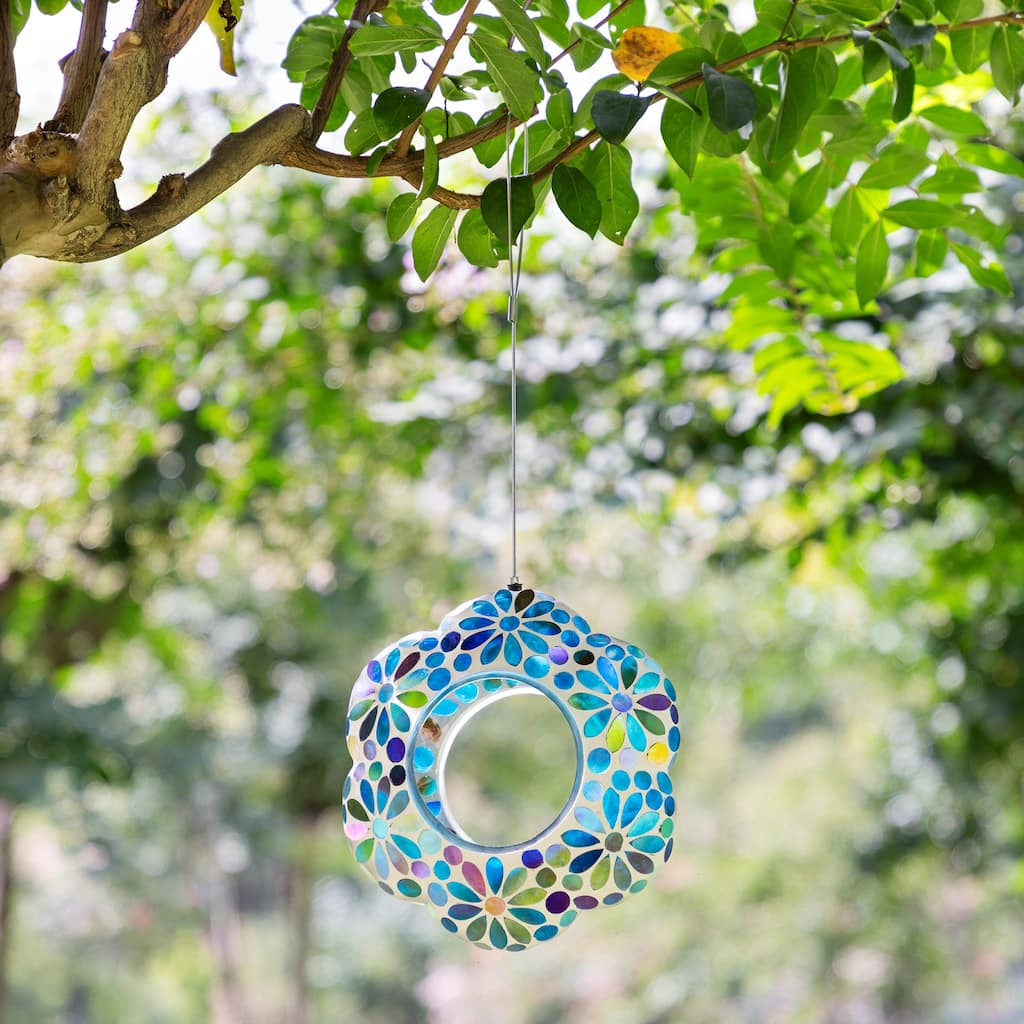 Glitzhome 8.5"D Glass Flower Shaped Hanging Multi-Color Mosaic Birdfeeder