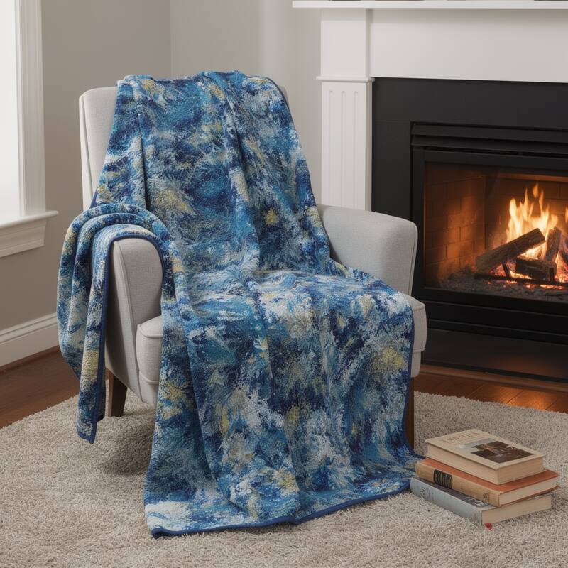 HomeRoots 50" X 70" Blue Ivory And Gold Abstract Microfiber Plush Throw Blanket - Throw - Blue/Gold/Ivory