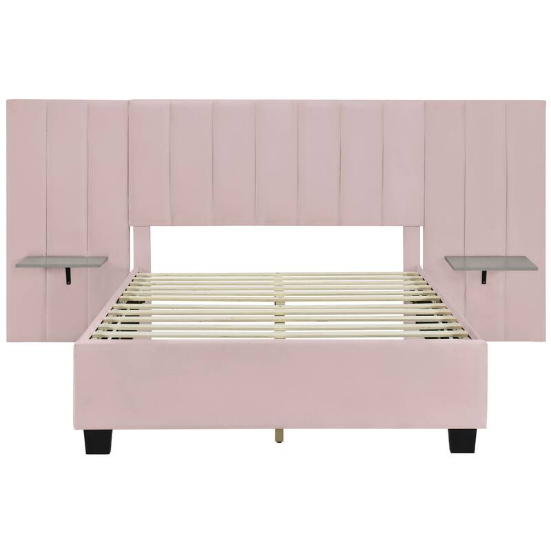 Upholstered Platform Bed with Soft Oversized Headboard and Storage Shelves