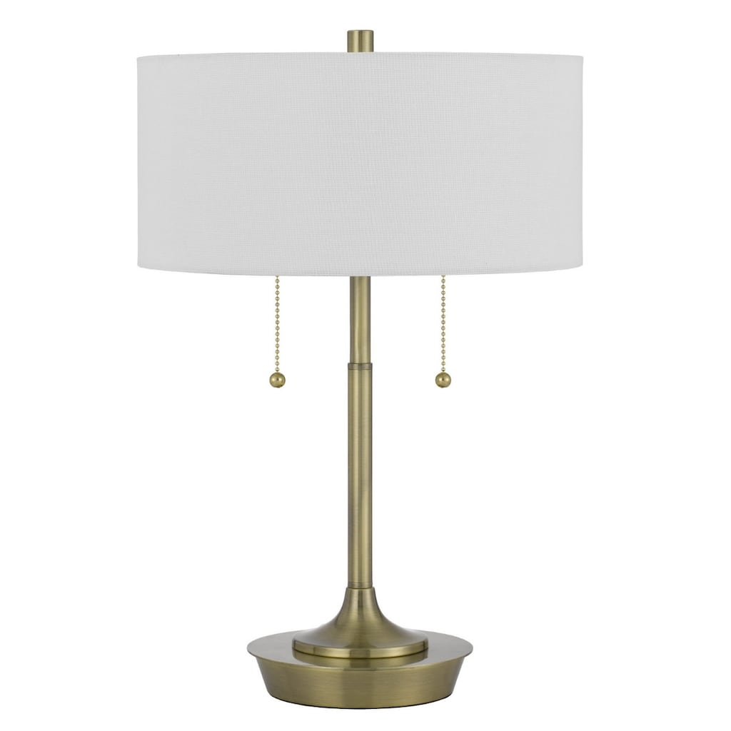 Antiqued Brass Metal Candlestick Table Lamp with White Drum Fabric Shade - 13” x 13” x 20” (D x W x H)