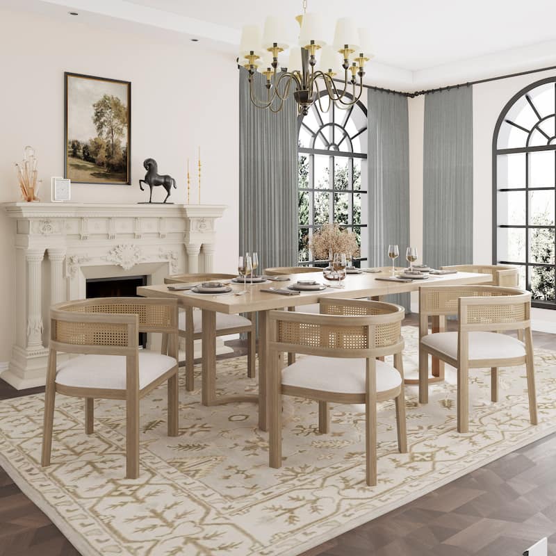Lythor 7pc Dining Set with Cushioned Seats, Cane Rattan Webbing, Rubberwood by Christopher Knight Home - Beige+Light Ash