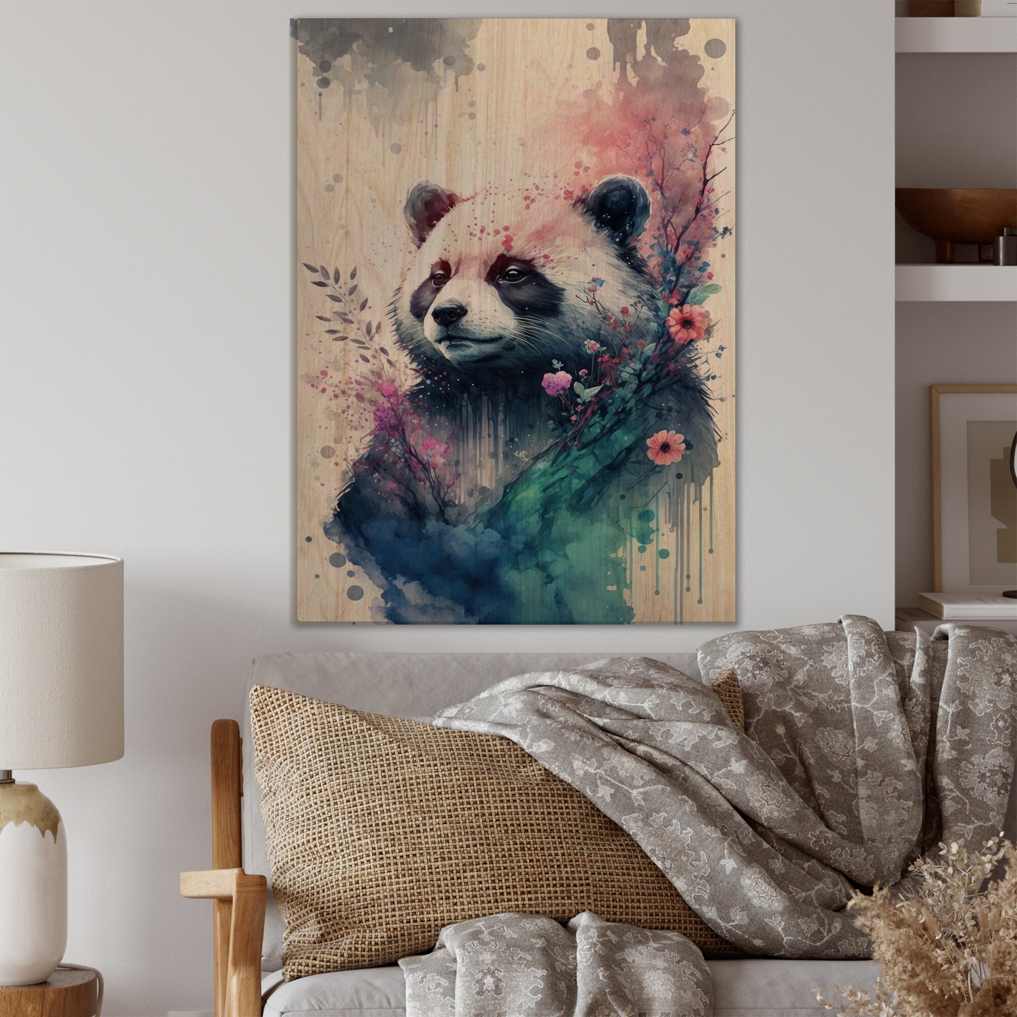 Designart Cute Panda Floral Art Animals Panda Wood Wall Art Natural Pine Wood