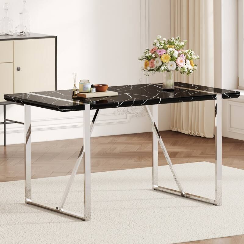 Modern Cream Style Dining Table with Thick MDF Top and White Metal Legs Frame