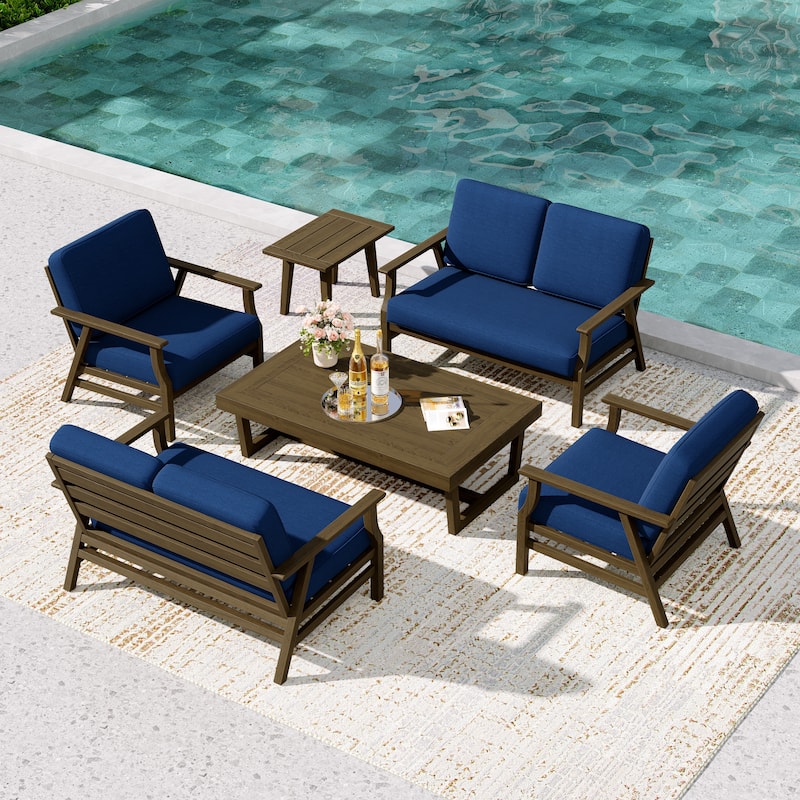 4-Piece Teak Outdoor Conversation Set With 2 Loveseats, Coffee Table & Side Table - Navy - Brown Wood