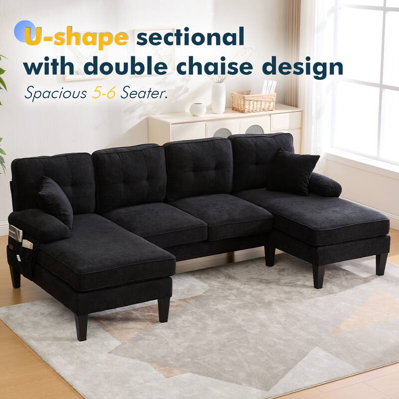 HOMEFUN Linen Upholstered U-Shaped 4-seater Tufted Wood Frame Sectional Sofa with Side Pocket