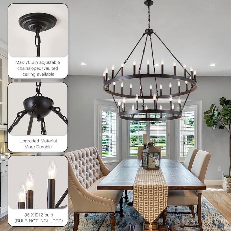 36-Light Black Wagon Wheel Chandelier Rustic Farmhouse Ceiling Light with Adjustable Height - 2 Tier 36lights