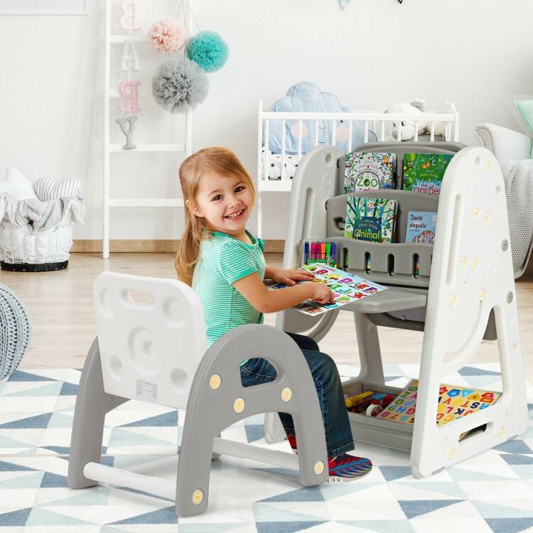2 in 1 Kids Easel Desk Chair Set Book Rack Adjustable Art Painting Board - 25'' x 21'' x 30'' – 39'' (L x W x H)