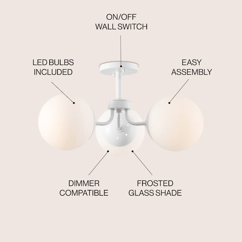 Ojai 23.5" 3-Light Bohemian Farmhouse Iron/Frosted Glass LED Semi Flush Mount, Brass Gold/White by JONATHAN Y