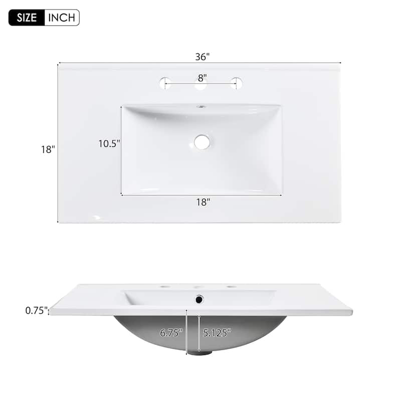 36 Inch Bathroom Vanity with White Ceramic Basin, 2 Soft-Close Drawers and Doors, Freestanding Storage Cabinet