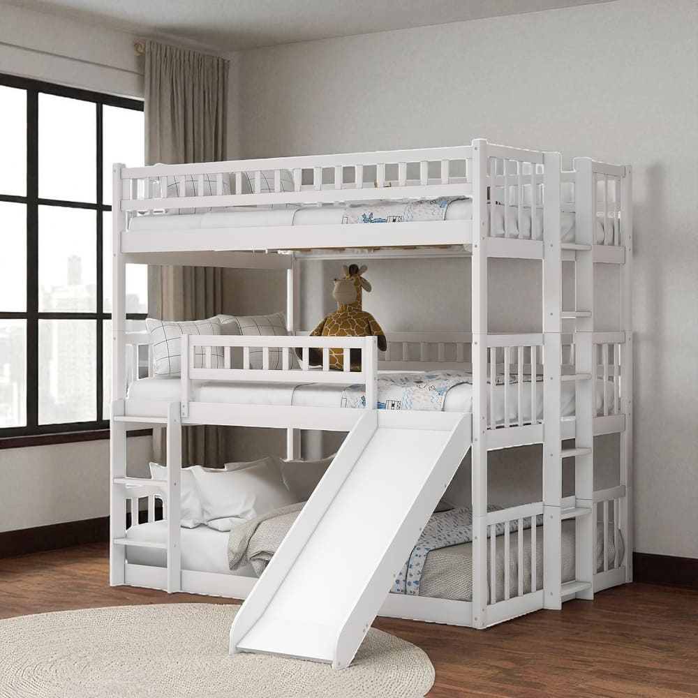 Full Triple Bunk Bed with Slide, Built-in Ladders & Guardrails, Solid Wood, Converts to 3 Full Beds, Space-Saving