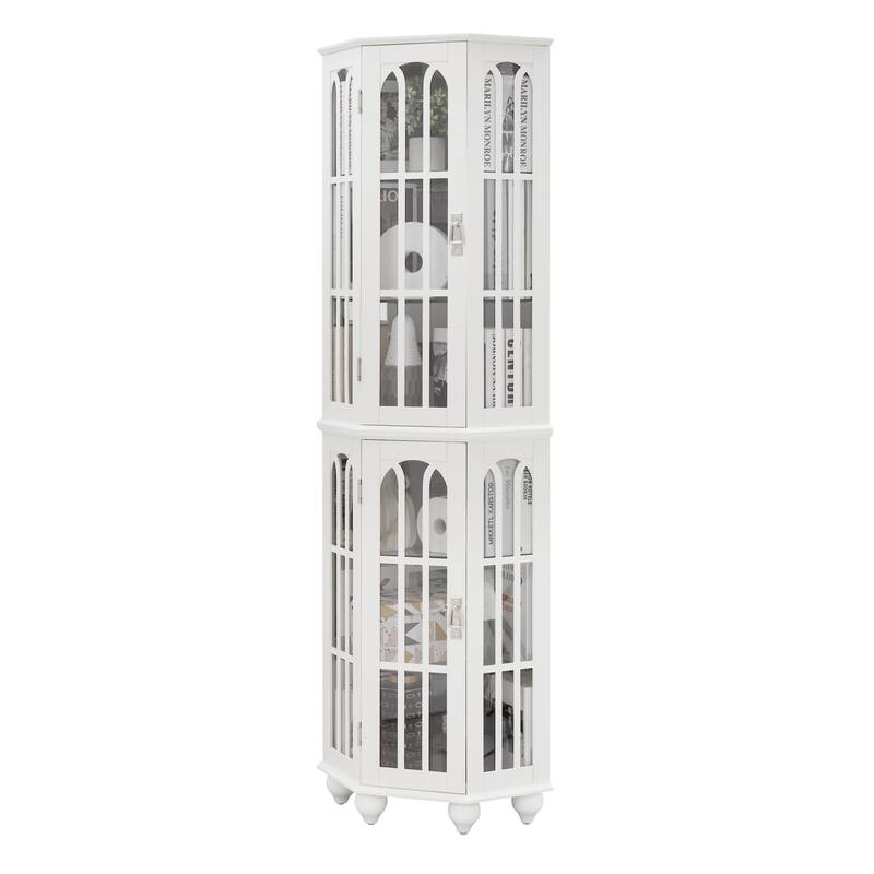 Lighted Corner Curio Cabinet, Wooden Accent Storage Cabinet, Display Cabinet with Tempered Glass Shelves & Mirrored Back